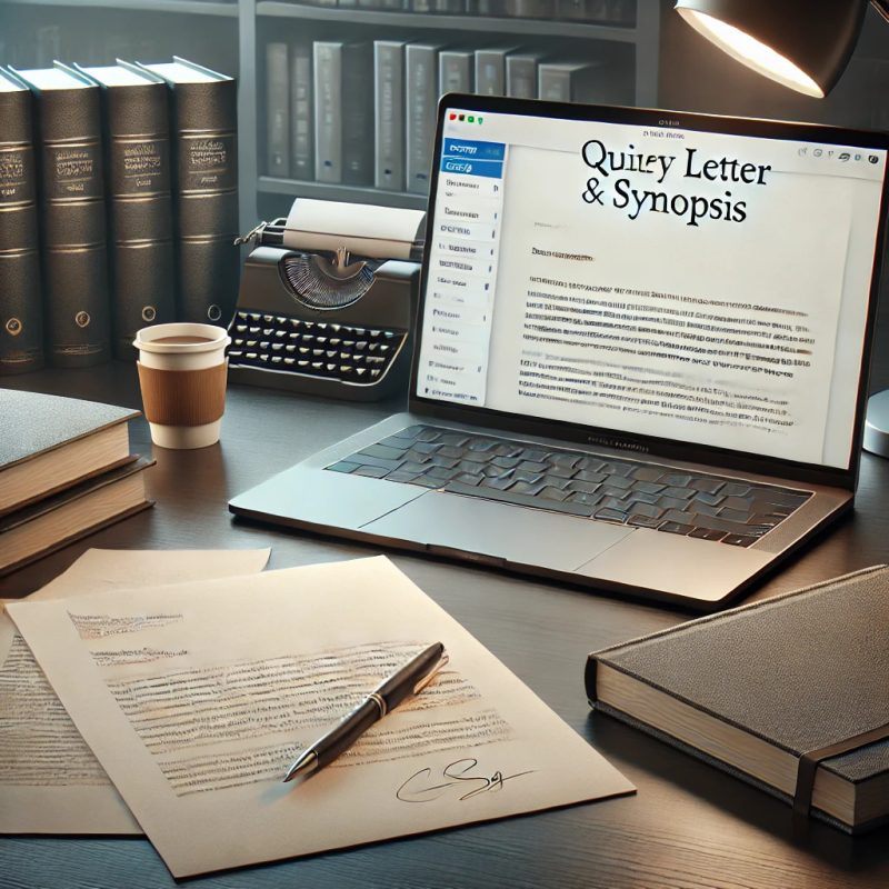 A polished query letter and synopsis laid out on a desk, with a laptop showing an email draft for a literary agent.